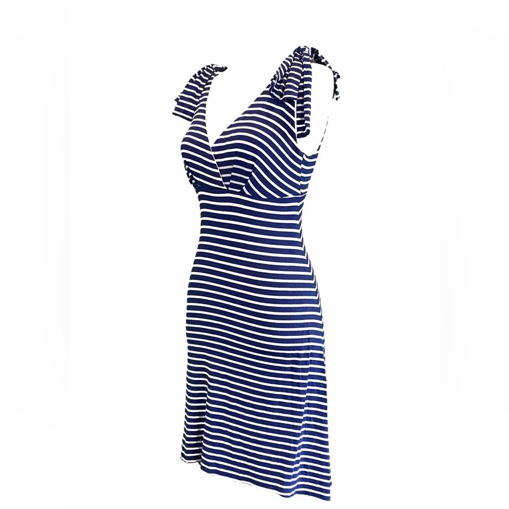 EUC Trina Turk Size 10 Deep V Neck Dress in Blue and White Stripe W/Bow Accents